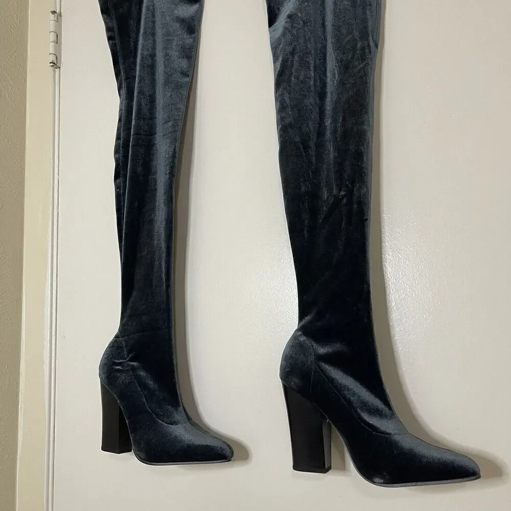 ZARA teal blue point toe velvet velour thigh high sock heeled boots 37 US 6.5
